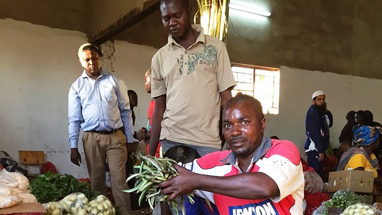 A man kneels beside a pile of green vegetables, holding a large double-handful of beans.