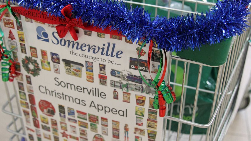 A sign soliciting food donations for a charity appeal, attached to a trolley decorated with tinsel.