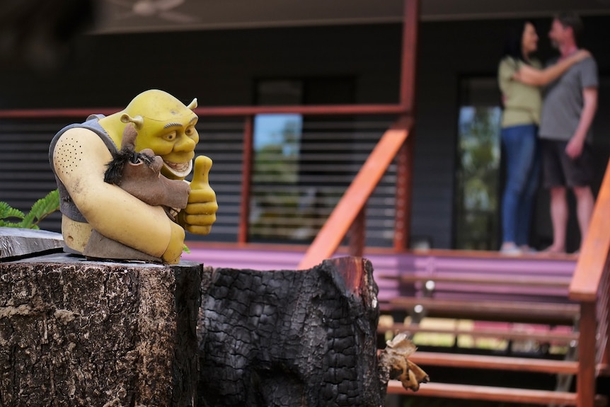 Plastic statue of shrek and donkey on a burnt out tree stump, faith and darren hugging in the background.
