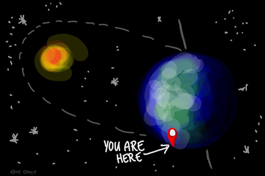 Earth with a you are here sign and the sun in the background.