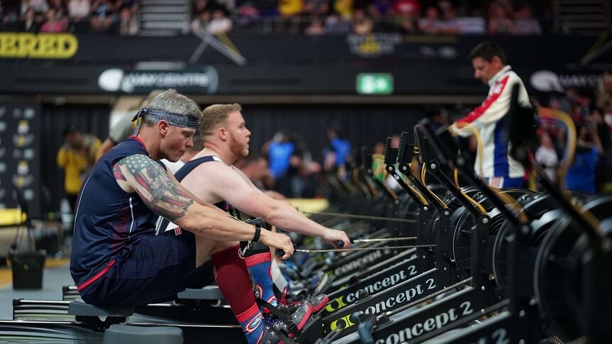 Competitors give their all during the indoor rowing event at the 2018 Invictus Games in Sydney.