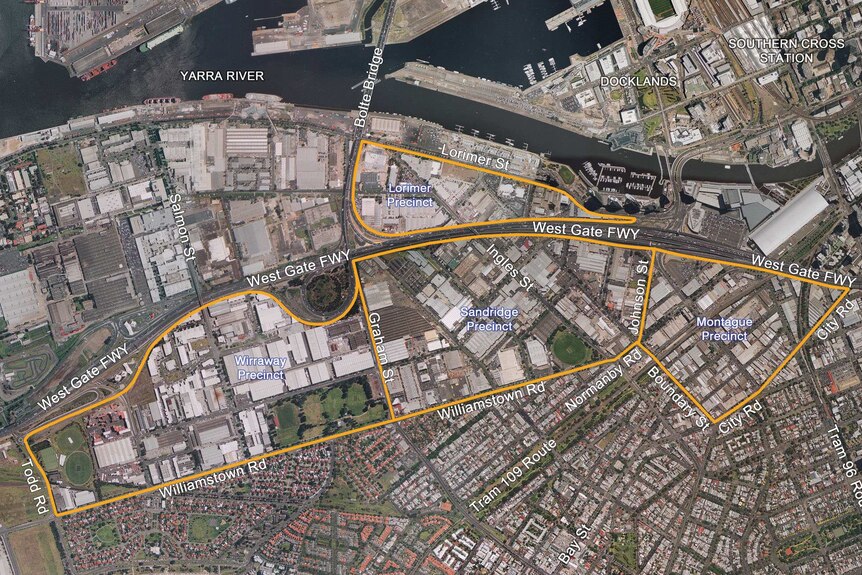 Aerial map of the Fishermans Bend, a new suburb being created by the Victorian Government.