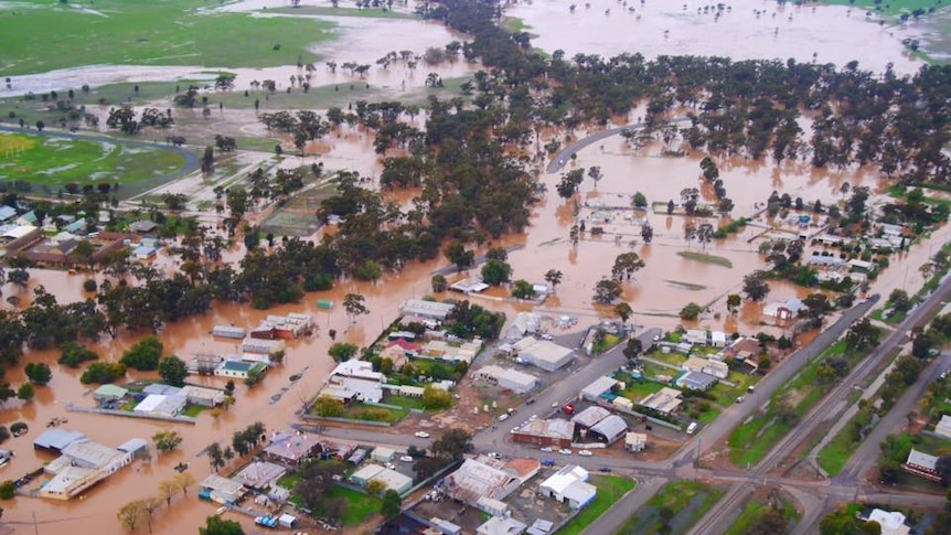 An aerial picture of the central New South Wales village of Ungarie flooded on June 21, 2016.