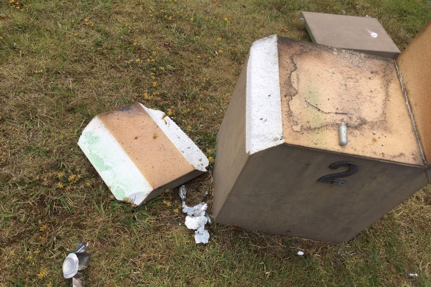 A damaged letterbox is strewn across the ground.