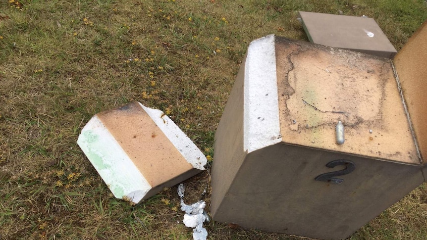 A damaged letterbox is strewn across the ground.