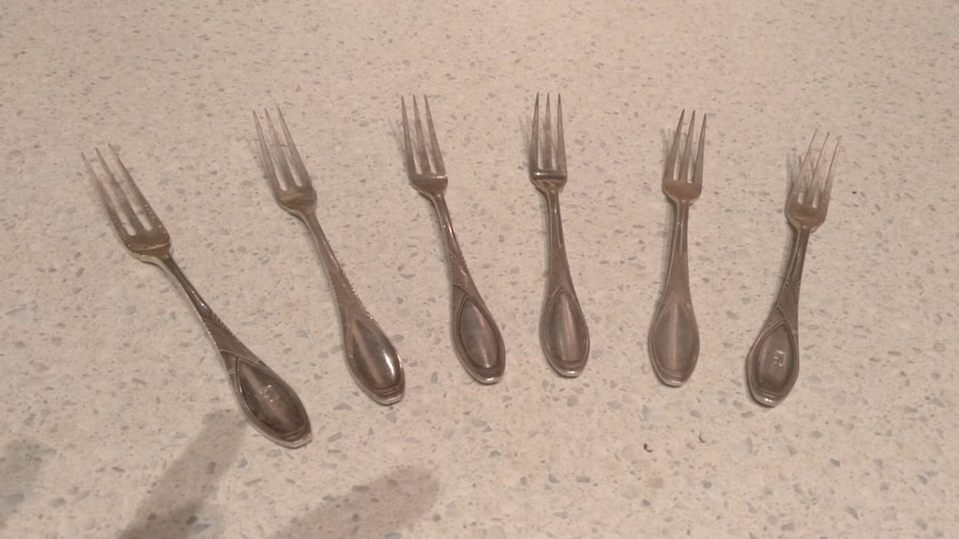 A set of six silver cake forks laid out across a kitchen bench