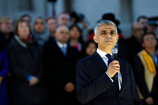 London mayor Sadiq Khan speaks during a vigil in Trafalgar Square after the terrorist attacks.