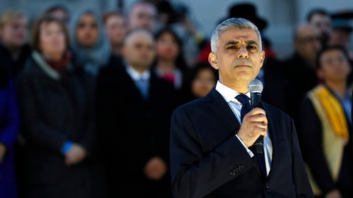 London mayor Sadiq Khan speaks during a vigil in Trafalgar Square after the terrorist attacks.