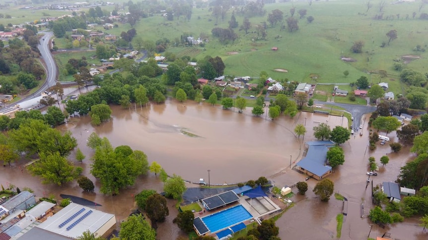 An aerial view of a flooded oval.