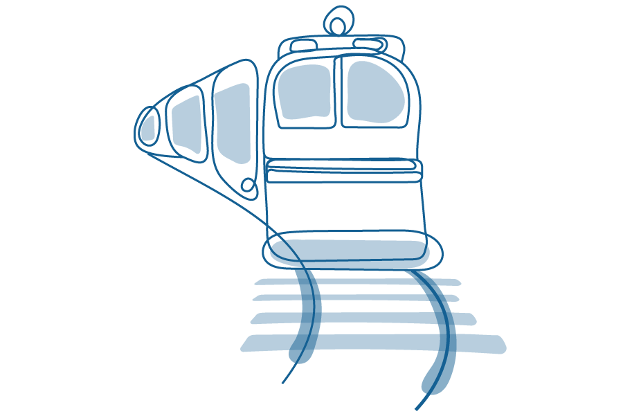 Eine Illustration eines Zuges, der die Gleise entlangfährt.