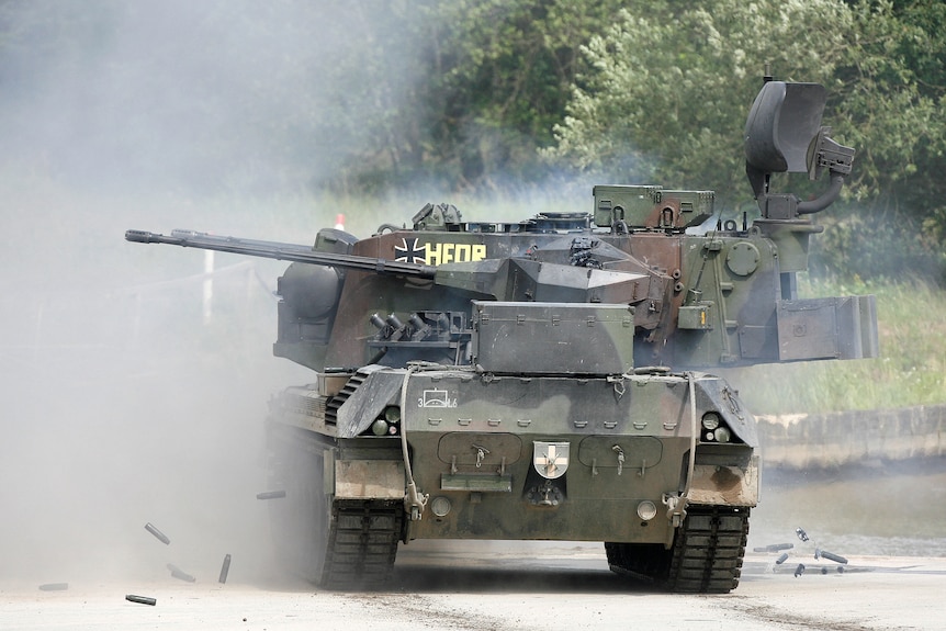 A Gepard antiaircraft tank of the German armed forces Bundeswehr fires.