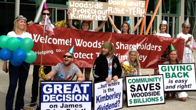 Happy anti-gas hub campaigners outside Woodside's AGM in Perth