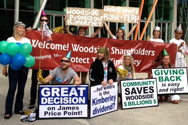 Happy anti-gas hub campaigners outside Woodside's AGM in Perth
