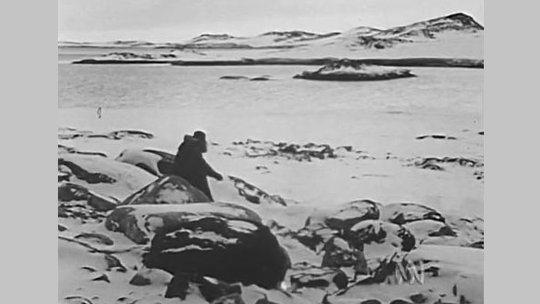 A man stands in an Antarctic landscape