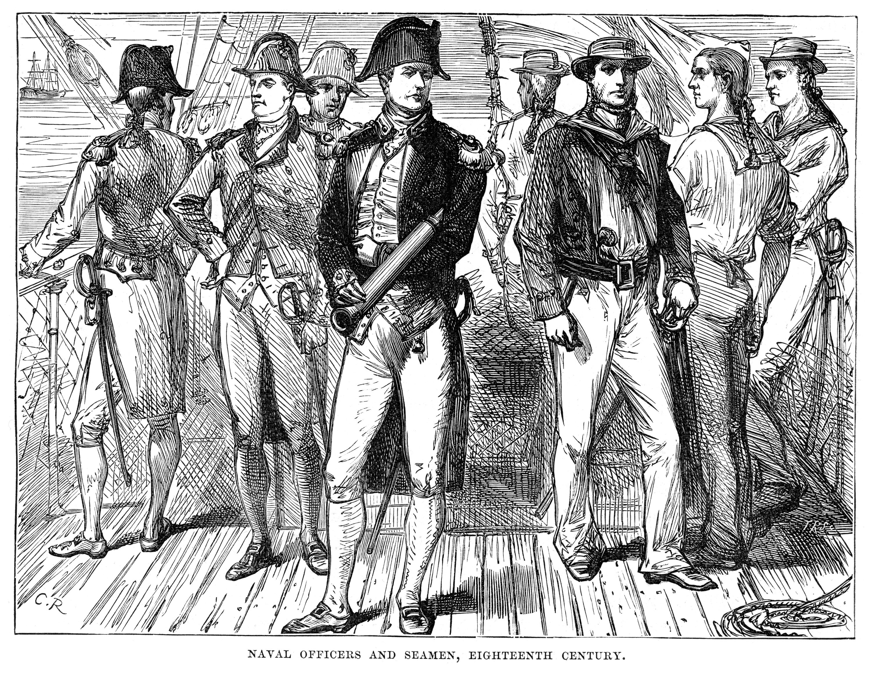 A black and white etching showing eight men in different forms of 18th century naval uniform standing on a ship's deck