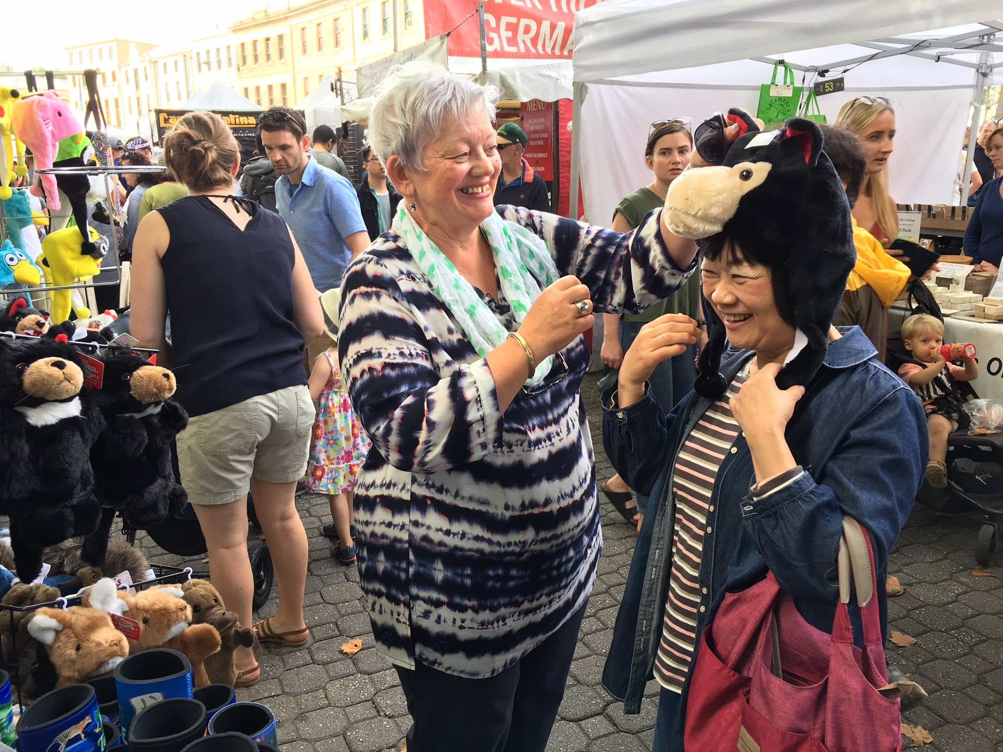 Jillian Hall and her Japanese pen pal of 55 years, Kumiko Maruyama, at Hobart&#x27;s Salamanca market.