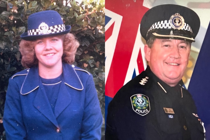 Two images of a man and woman in a police uniform posing for a photo 