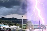 Lightning bolt hitting the ground near an area with parked cars.
