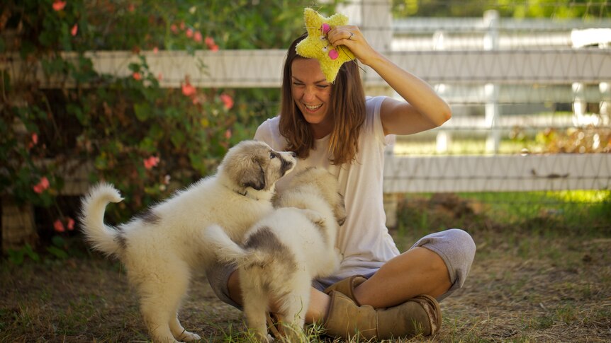 A woman smiling at two puppies, sitting outside.