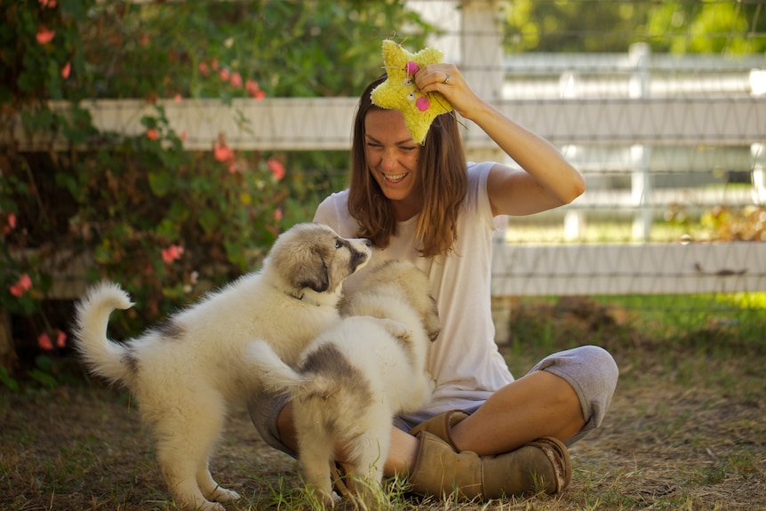 A woman smiling at two puppies, sitting outside.