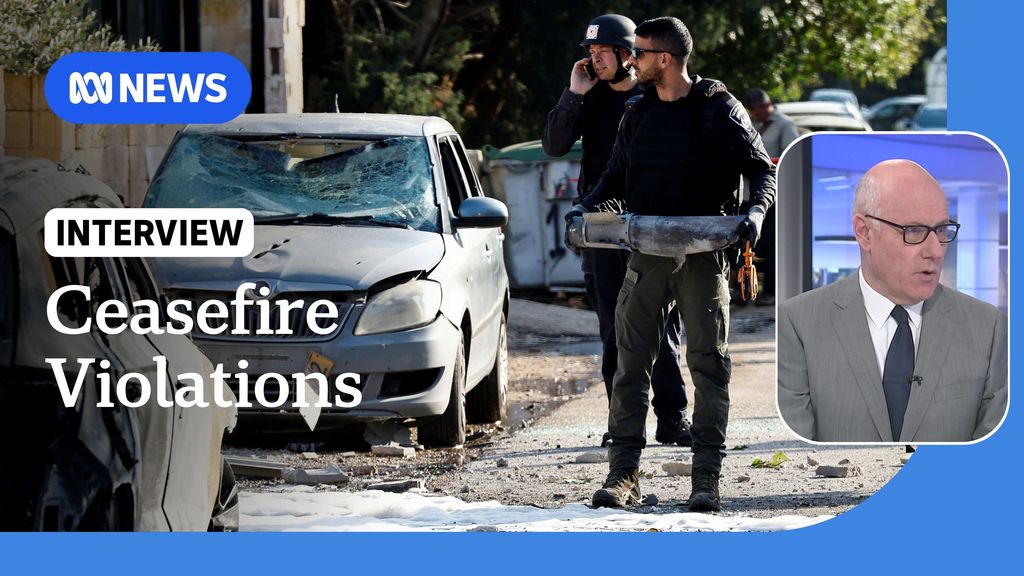 Ceasefire Violations: A man carrying debris down the street next to a damaged car. Inset photo of a man with glasses speaking.