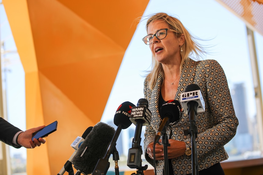 A mid shot of Libby Mettam speaking at a media conference indoors in front of microphones.