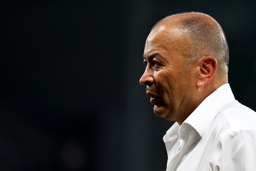 Eddie Jones looks pensive after the Wallabies lost to Fiji at the 2023 Rugby World Cup.