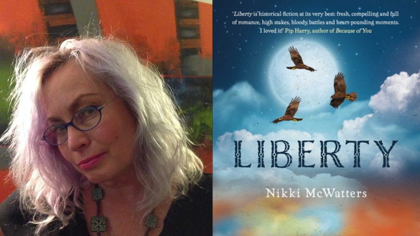 Australian author Nikki McWatters next to the cover of her novel Liberty. It features a hawks flying above a burning castle.