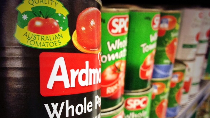 Australian tinned tomatoes on the supermarket shelves