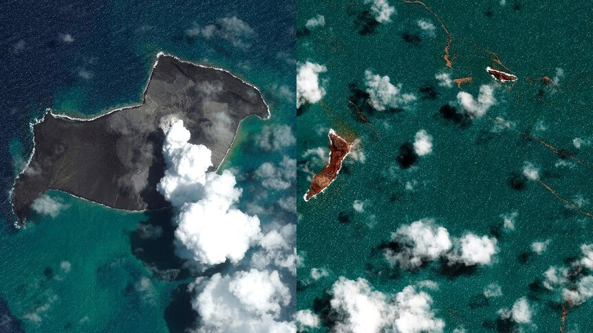 A composite image shows an island volcano on the left while the right side shows the little land left after it erupted.