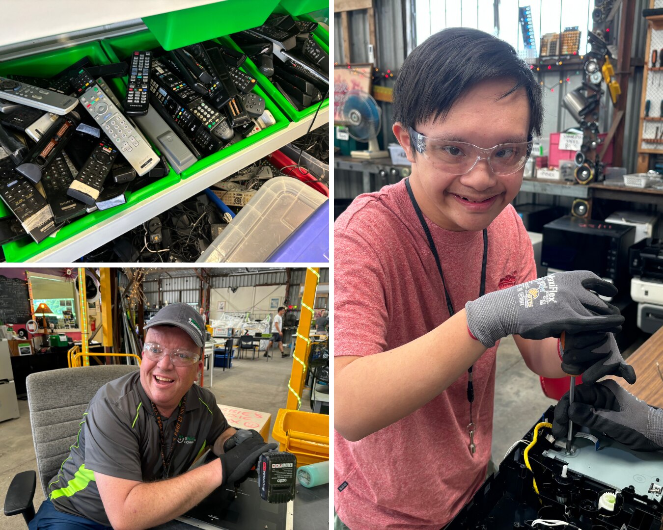Un collage de dos hombres trabajando en el taller. 