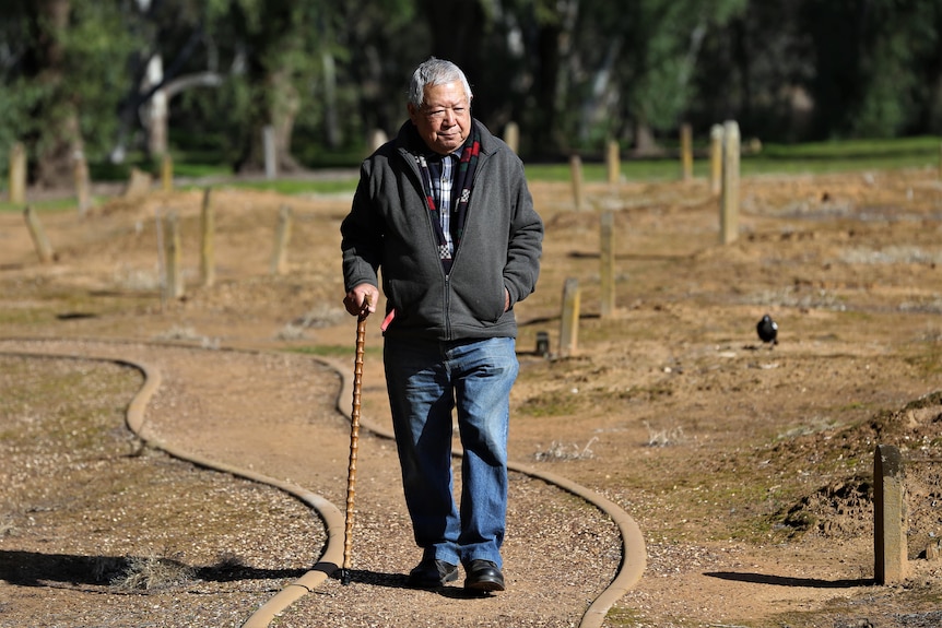 Un hombre mayor con bastón camina por un camino polvoriento en un cementerio en un brillante día de invierno 