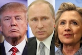 A composite image of Donald Trump, Vladimir Putin and Hillary Clinton.