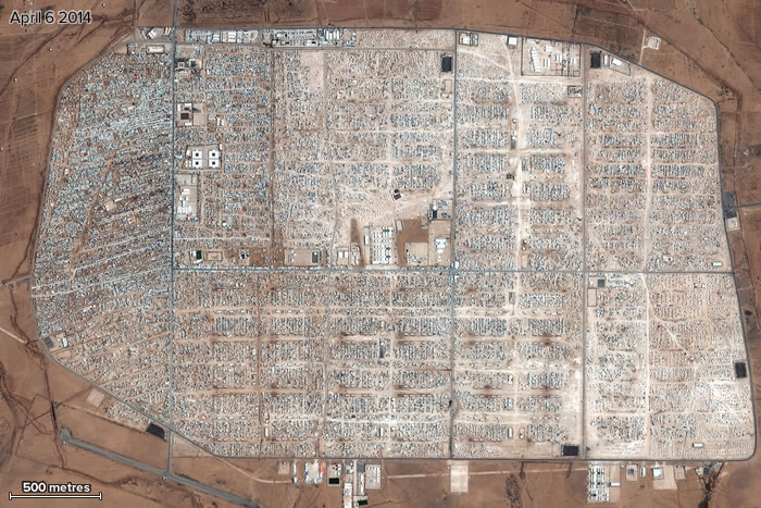 Satellite image of the Zaatari refugee camp in Jordan, taken on April 6, 2014 - Supplied: DigitalGlobe, UNITAR/UNOSAT