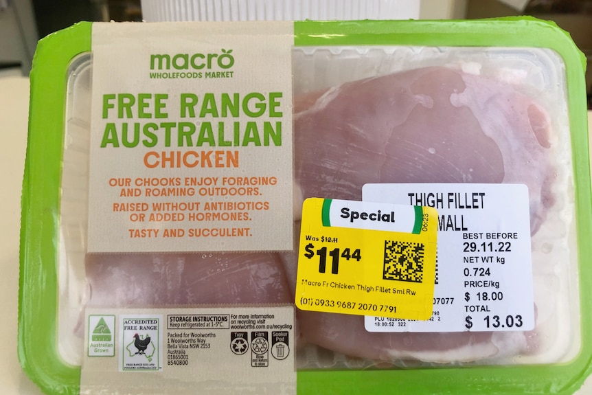 A packet of chicken thighs saying they are free range, antibiotic and steroid free