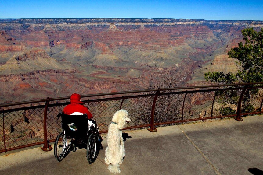 Norma overlooking the Grand Canyon in Arizona with her dog Ringo