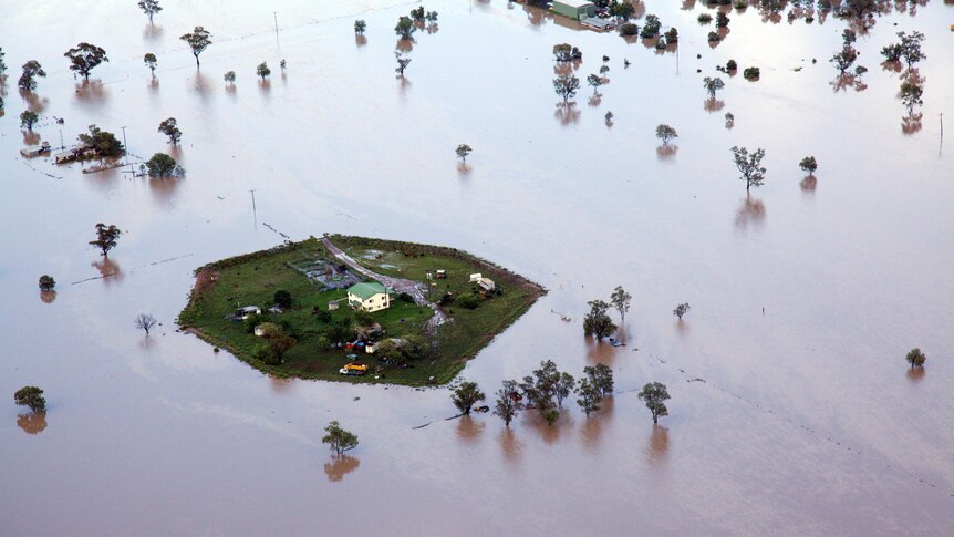 Floodwaters surround a property near Moree.