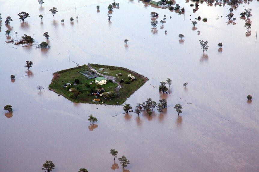 Floodwaters surround a property near Moree.