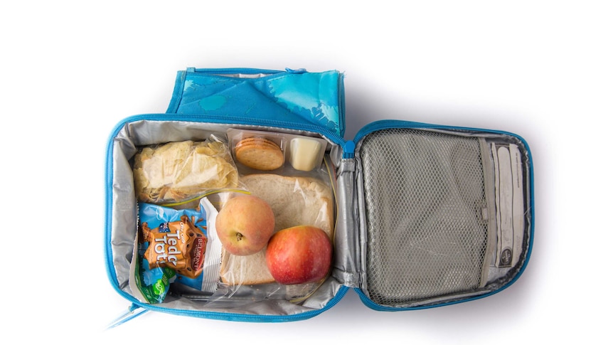 A peanut butter sandwich, cheese and crackers, teddy bear biscuits, potato chips, an apple and a peach in a blue cooler bag.