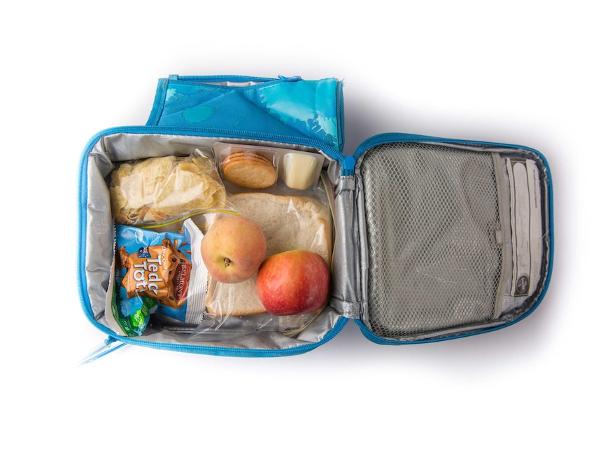 A peanut butter sandwich, cheese and crackers, teddy bear biscuits, potato chips, an apple and a peach in a blue cooler bag.