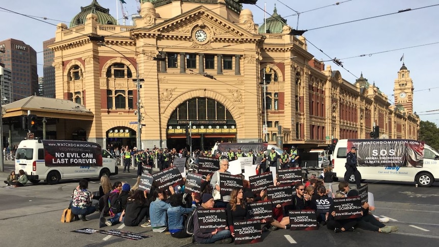Animal rights protestors sit in centre of Flinders Street intersection.