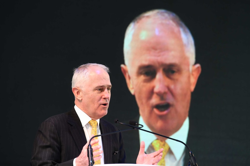Malcolm Turnbull speaks in front of a projection of Malcolm Turnbull's face at a press event.