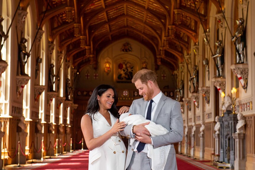 Prince Harry and Meghan, Duchess of Sussex are seen with their baby son, who was born on Monday morning.