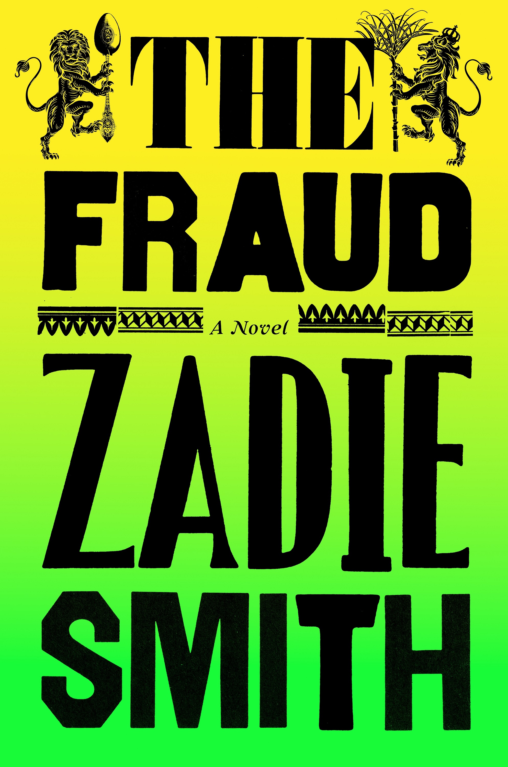 A book cover with large black text and black images of heraldic lions on a background that moves from yellow to lime green
