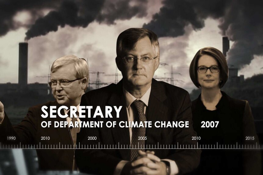 A graphic showing Martin Parkinson with a time line. On either side of him is Kevin Rudd and Julia Gillard.