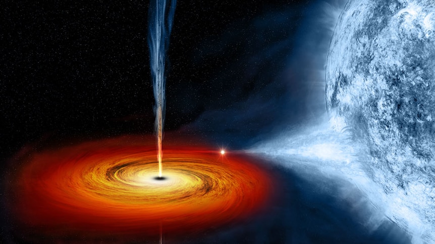 A red swirling black hole draws matter from a giant blue star beside it in this artist's impression of a black hole.