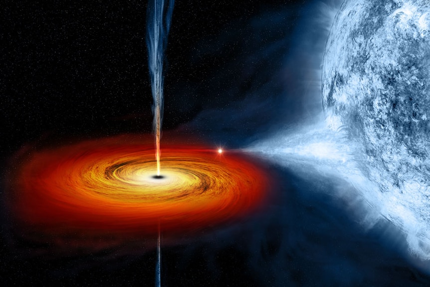 A red swirling black hole draws matter from a giant blue star beside it in this artist's impression of a black hole.