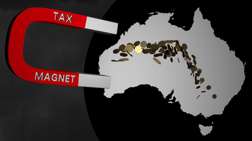A tax magnet collects dollars from a map of Australia.
