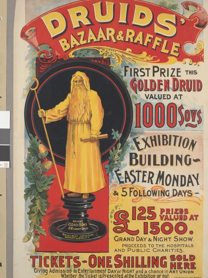 Colour pamplhet of a Druids' Bazaar and Raffle at the Exhibition Building, on an Easter Monday.