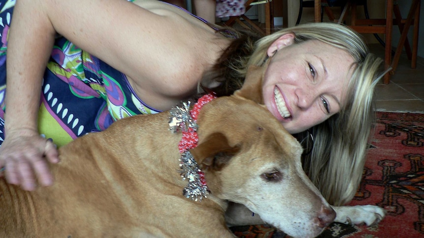 A smiling woman leans down to pat a dog on the carpet